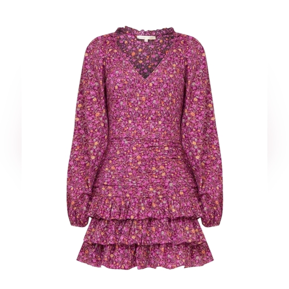 LoveShackFancy Dresses & Skirts - LoveShackFancy Mini Dress 4 Floral Red Pink Ruffled Tiered Long Sleeve Ruched
